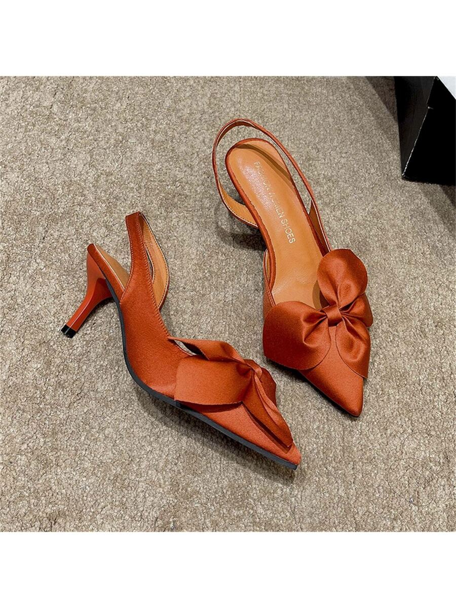 vOrange High Heels Women Fashion Pointed Toe Stilettos Satin Closed Toe Bowknot Slip-On Pumps-6