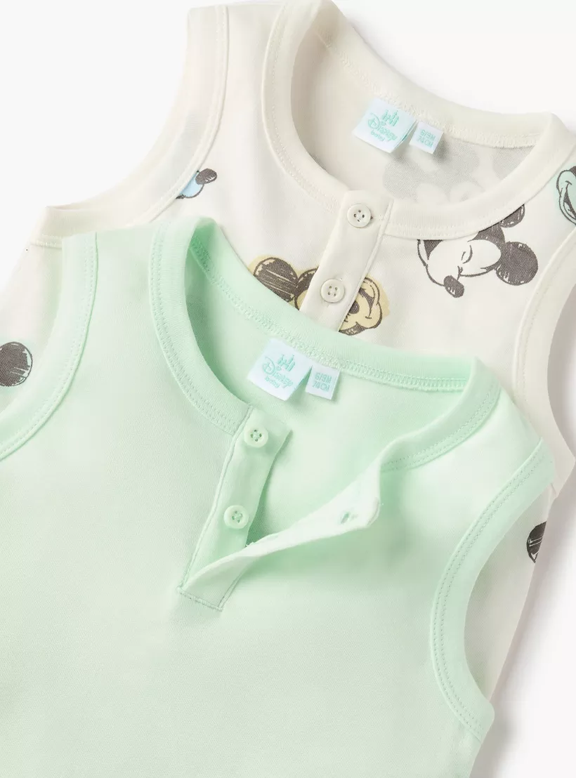 Disney Mickey Mouse Print Sleeveless Romper with Snap Button Closure - Set of 2-4