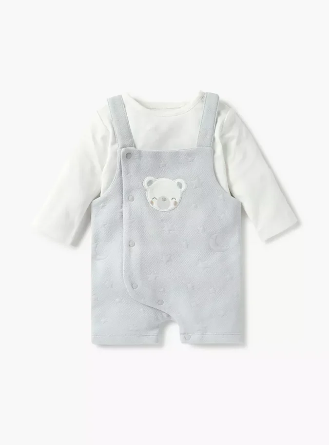 Giggles Bear Applique Dungaree and Long Sleeves T-shirt Set-1