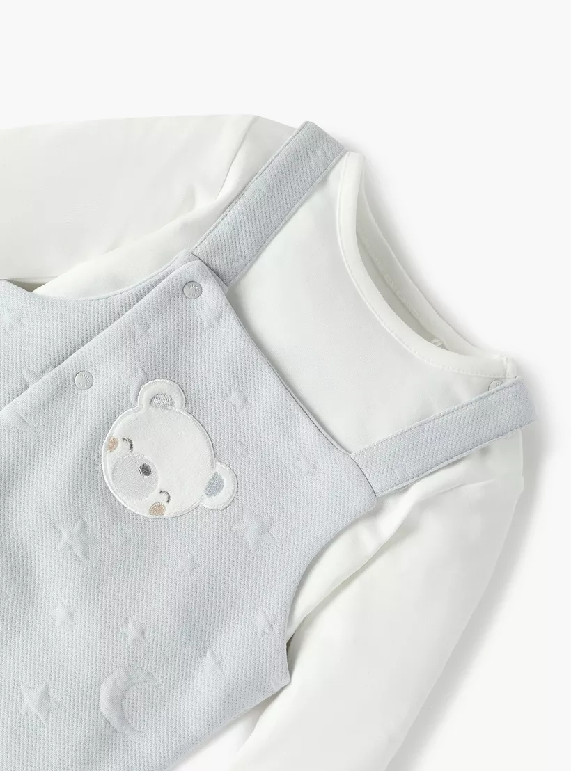 Giggles Bear Applique Dungaree and Long Sleeves T-shirt Set-4