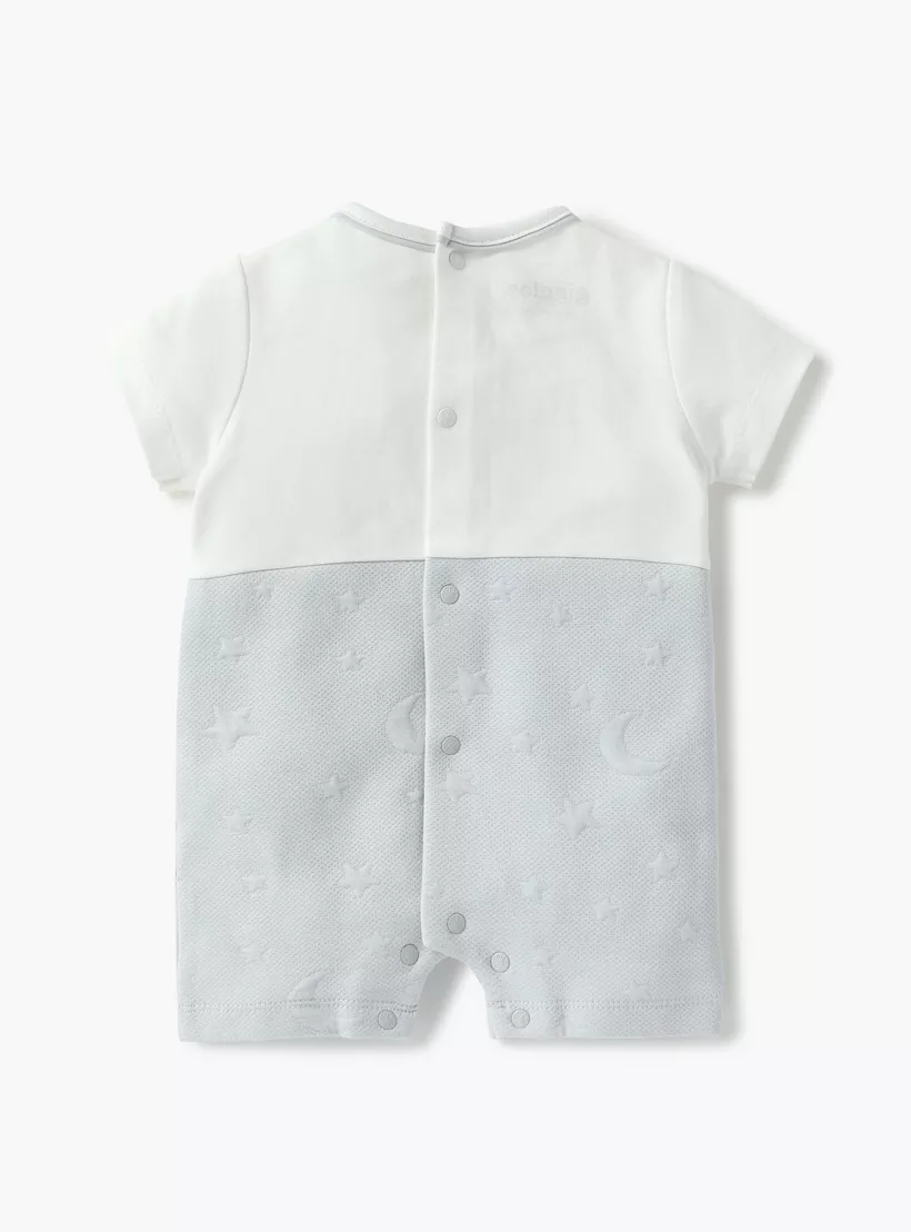 Giggles Bear Applique Romper with Short Sleeves and Button Closure2
