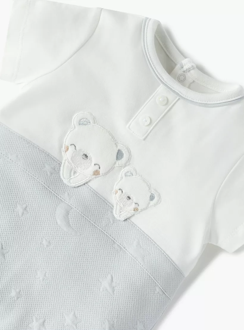 Giggles Bear Applique Romper with Short Sleeves and Button Closure3