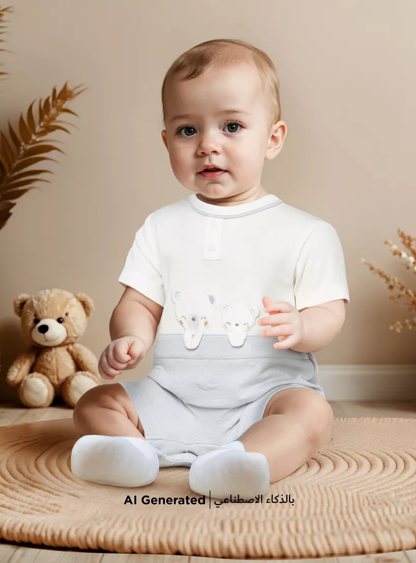 Giggles Bear Applique Romper with Short Sleeves and Button Closure4