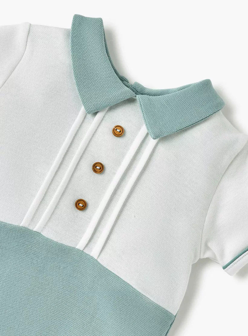 Giggles Pintuck Detail Romper with Short Sleeves and Button Closure-3