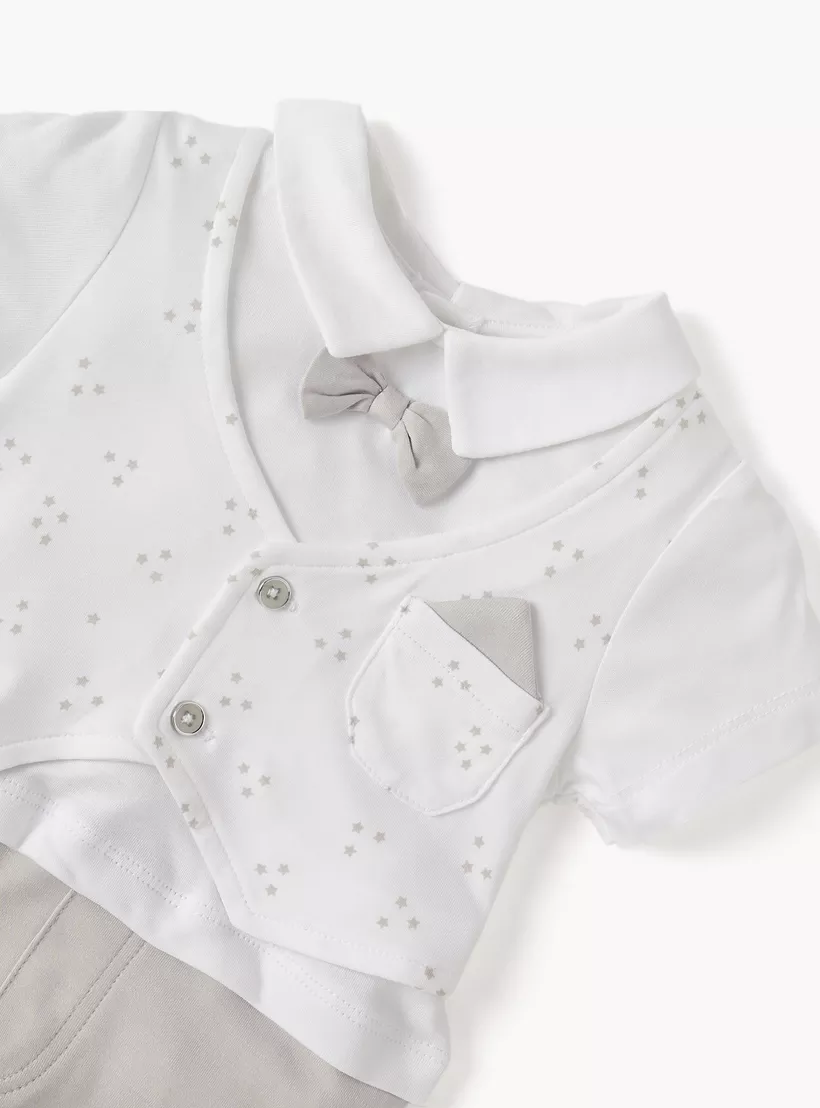 Giggles Star Print Romper with Bow Applique and Short Sleeves-3