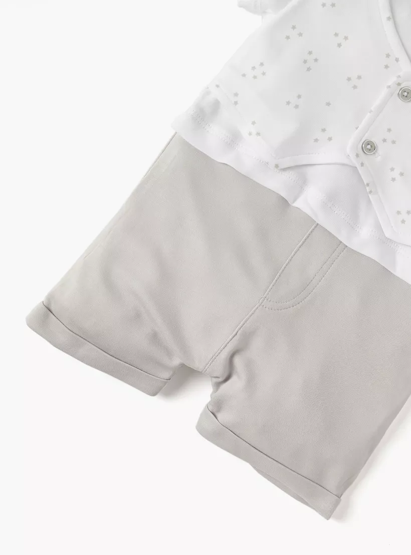 Giggles Star Print Romper with Bow Applique and Short Sleeves-4