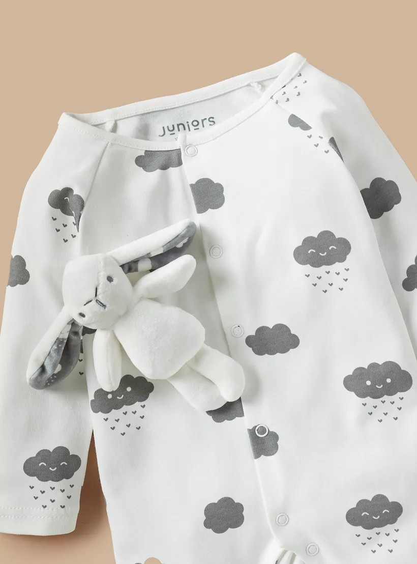 Juniors All-Over Cloud Print Closed Feet Sleepsuit with Soft Toy-4