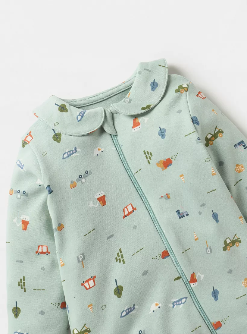 Juniors All-Over Graphic Print Footed Sleepsuit with Long Sleeves and Collar-3