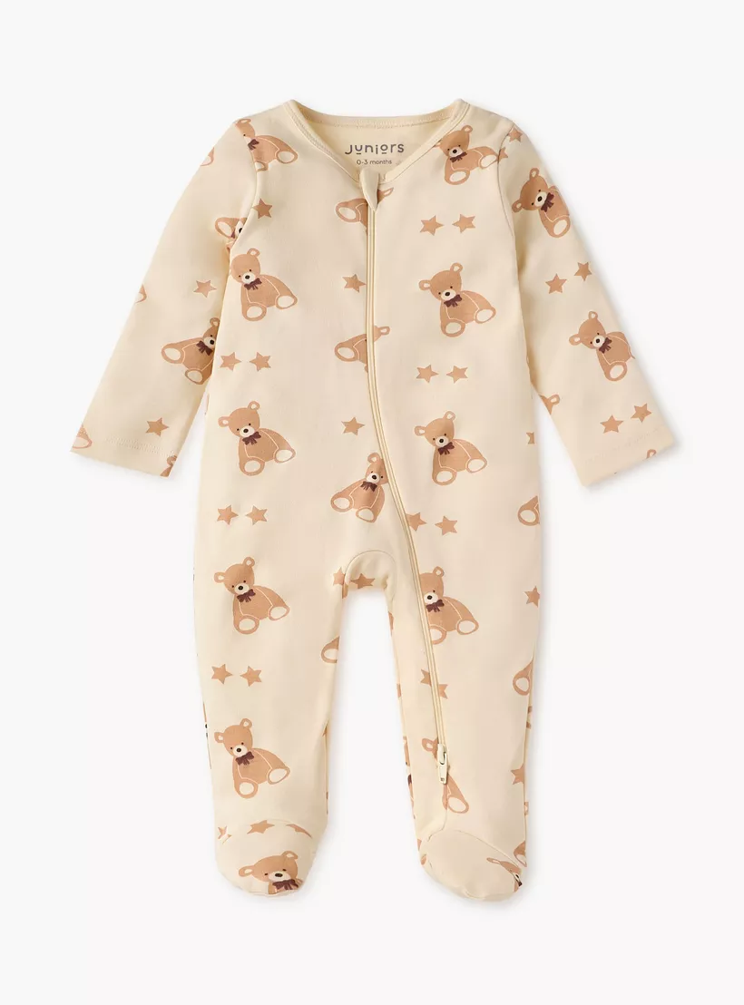 Juniors All-Over Teddy Bear Print Closed Feet Sleepsuit with Long Sleeves-2