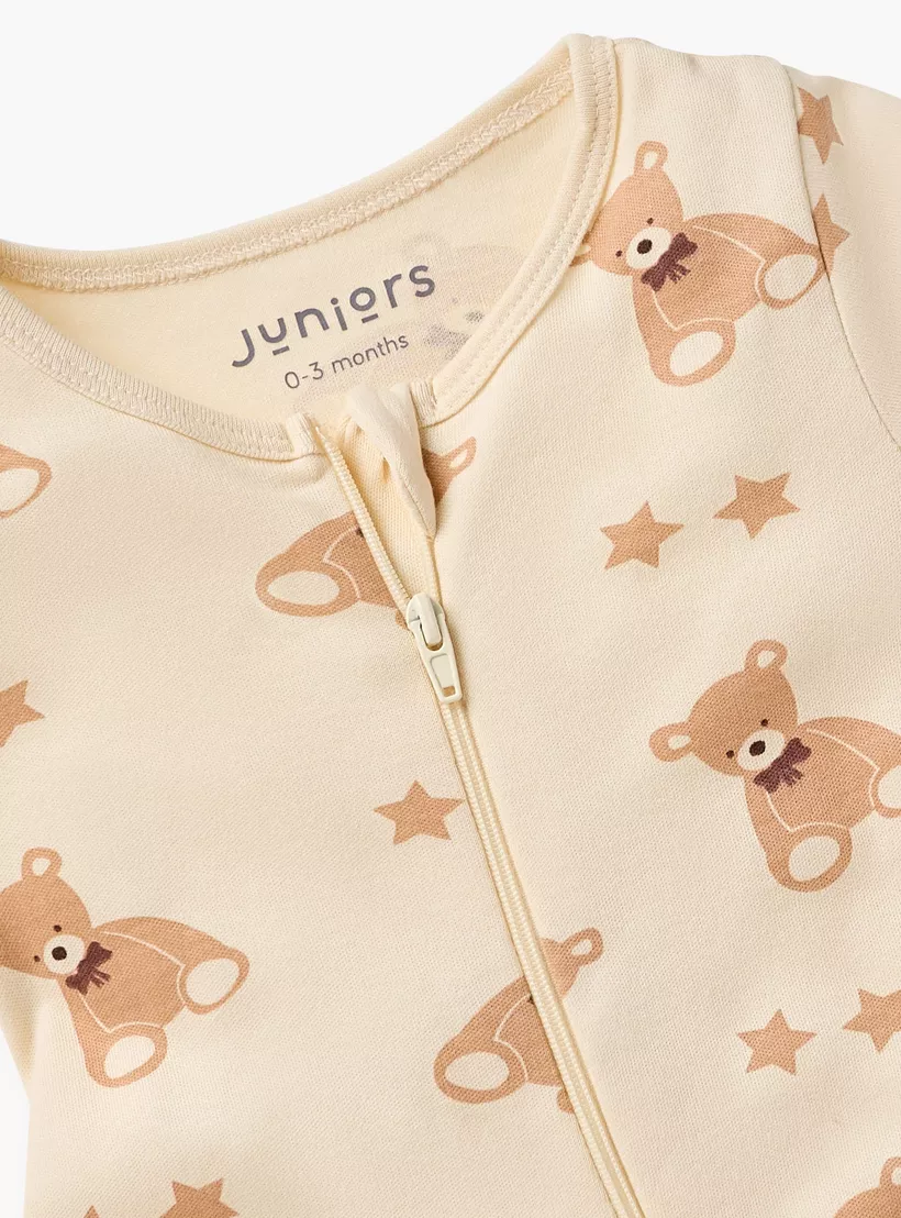 Juniors All-Over Teddy Bear Print Closed Feet Sleepsuit with Long Sleeves-3