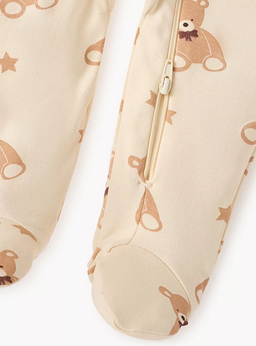 Juniors All-Over Teddy Bear Print Closed Feet Sleepsuit with Long Sleeves-4