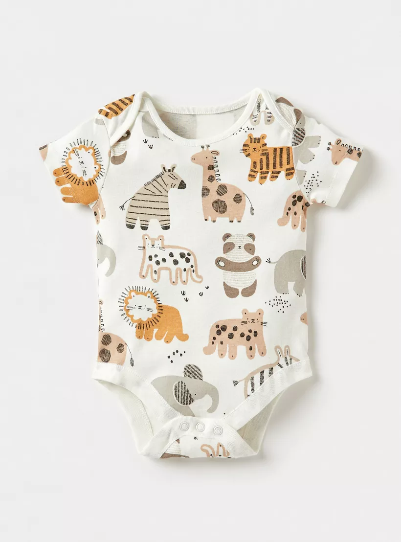 Juniors Animal Print Bodysuit with Envelope Neck and Short Sleeves - Set of 3-4
