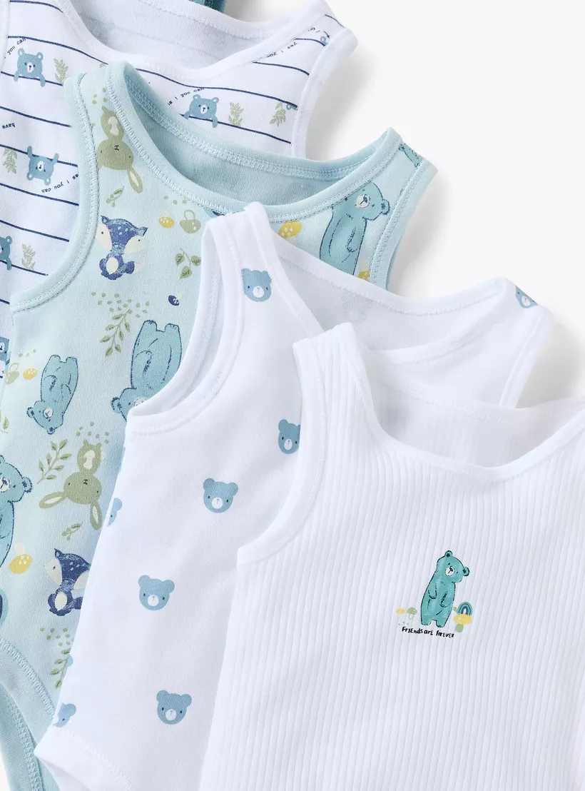 Juniors Bear Print Sleeveless Bodysuit with Button Closure - Set of 5-3