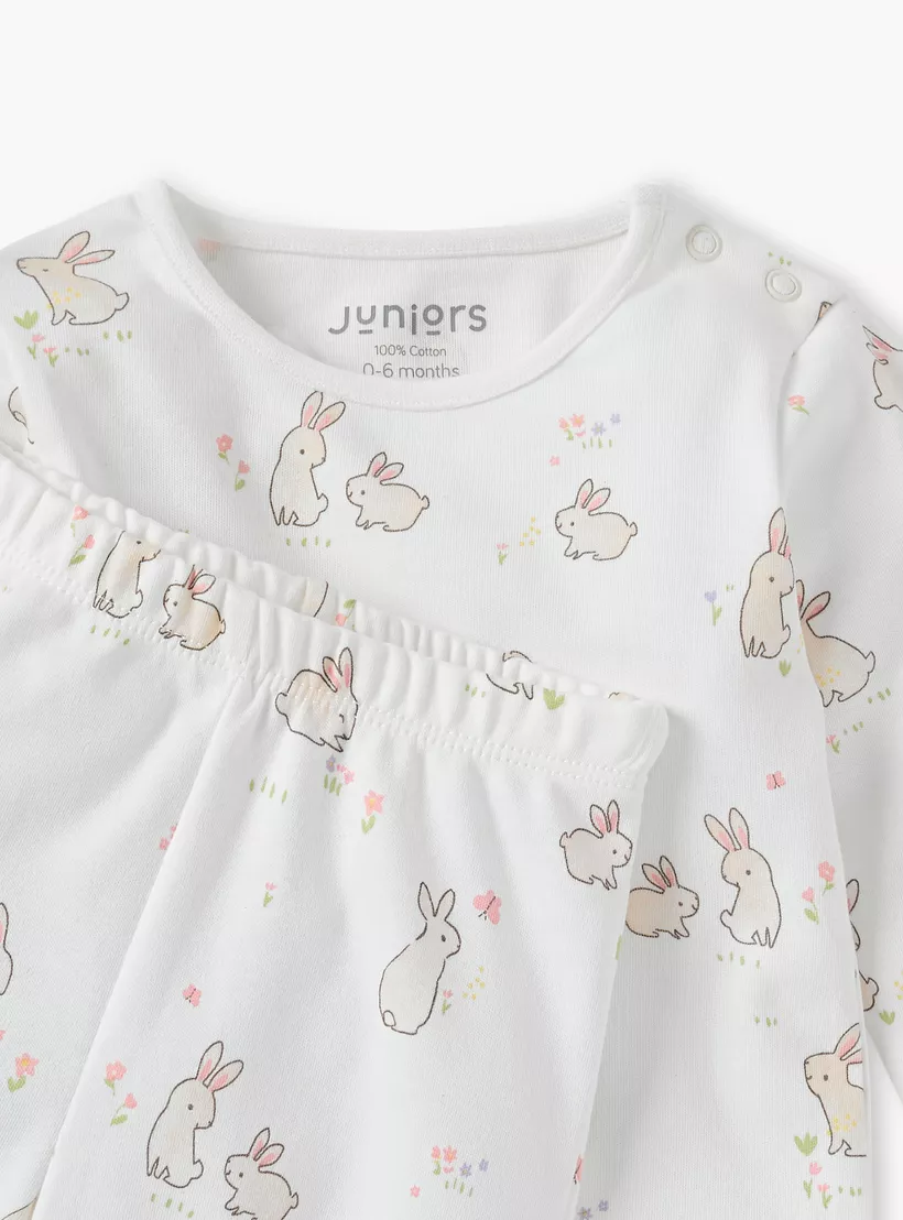 Juniors Bunny Print T-shirt and Pyjama Set-4
