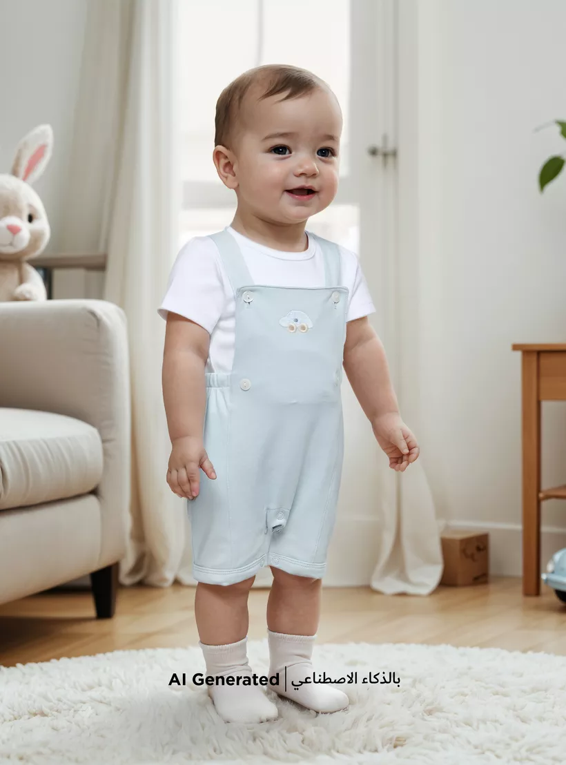 Juniors Car Embroidered Cotton Dungaree and T-shirt Set-4