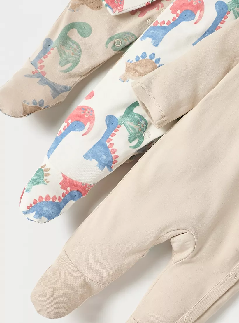 Juniors Dino Print Closed Feet Sleepsuit with Long Sleeves - Set of 3-3