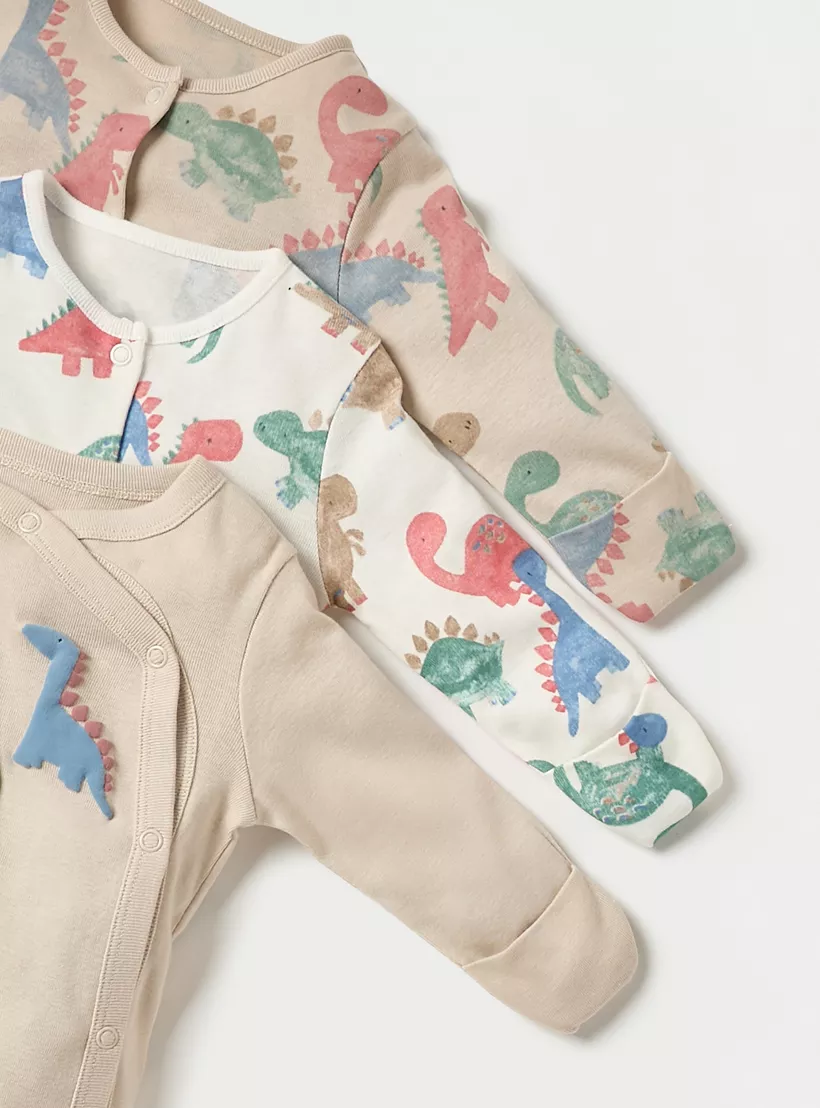 Juniors Dino Print Closed Feet Sleepsuit with Long Sleeves - Set of 3-4