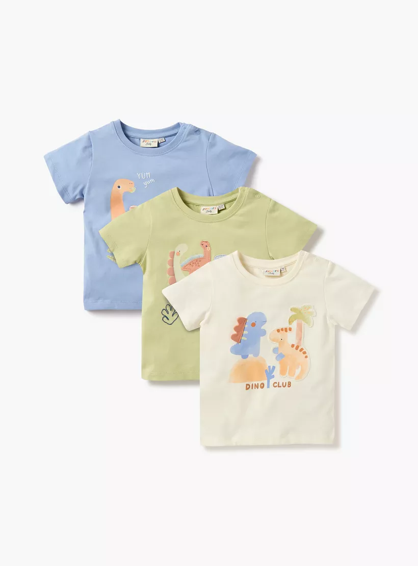 Juniors Dino Print Crew Neck T-shirt with Button Closure - Set of 3-1