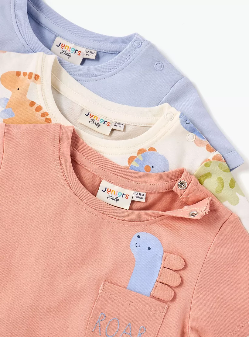 Juniors Dino Print Crew Neck T-shirt with Button Closure - Set of 3-2