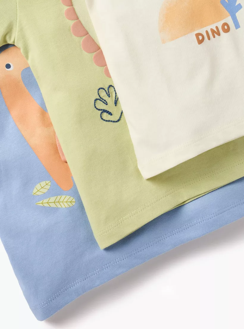 Juniors Dino Print Crew Neck T-shirt with Button Closure - Set of 3-4