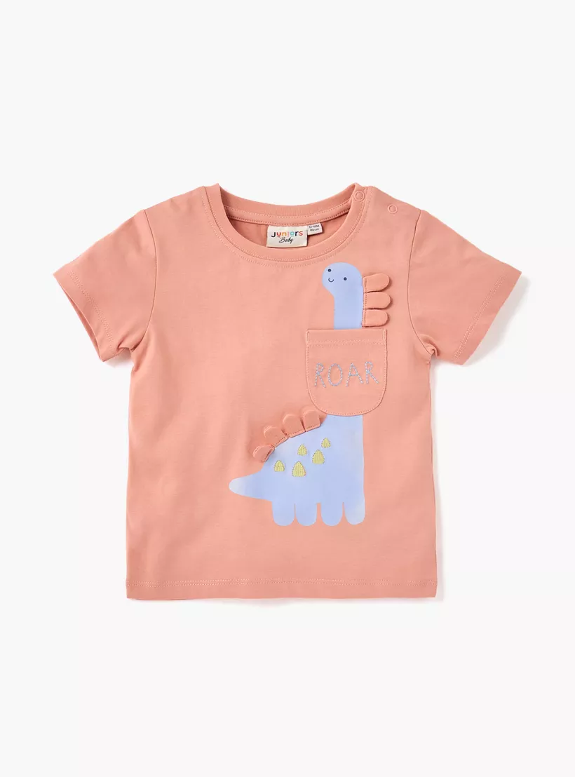 Juniors Dino Print Crew Neck T-shirt with Button Closure - Set of 3-4