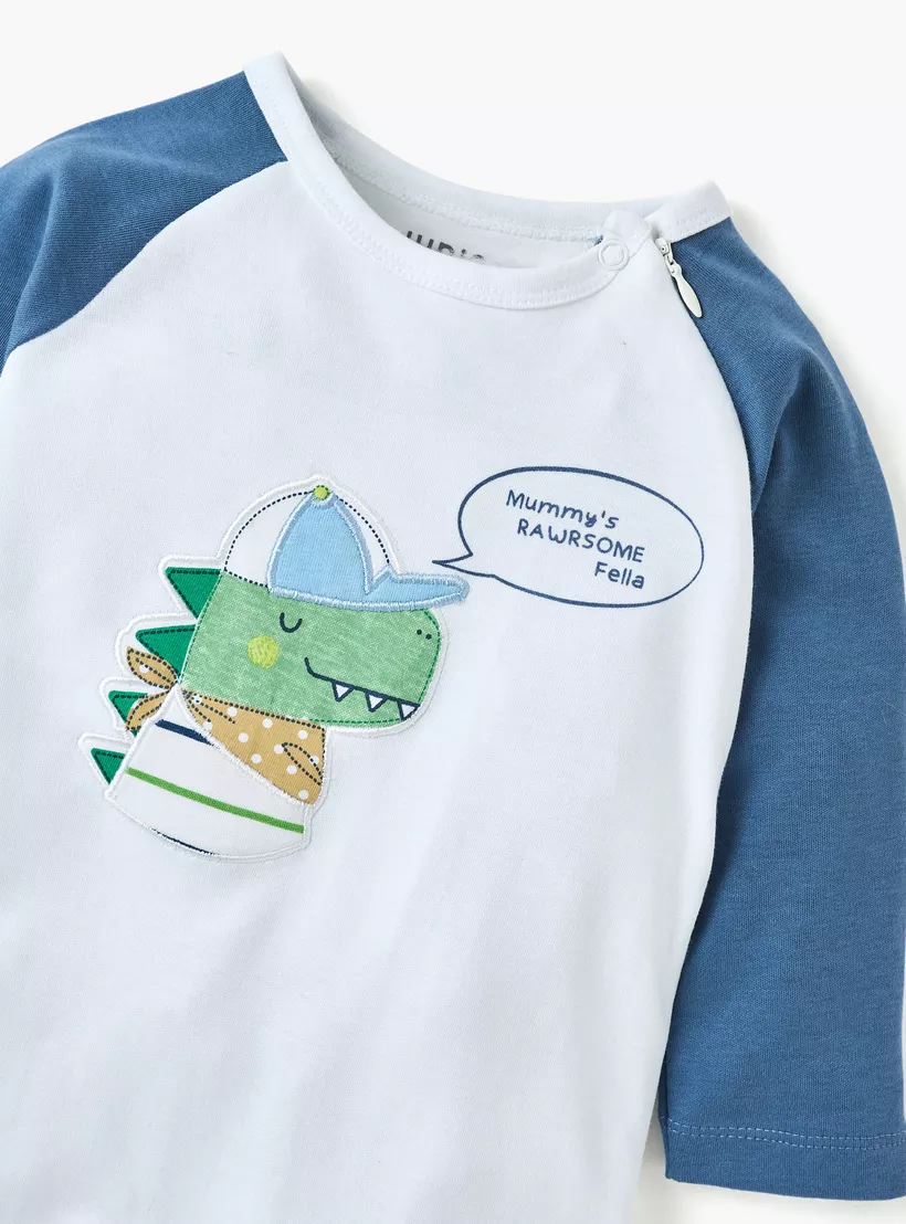 Juniors Dinosaur Applique Sleepsuit with Long Sleeves and Button Closure-3
