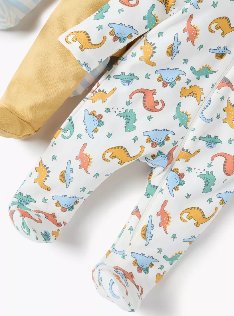 Juniors Dinosaur Print Sleepsuit with Round Neck and Zip Closure - Set of 3-3