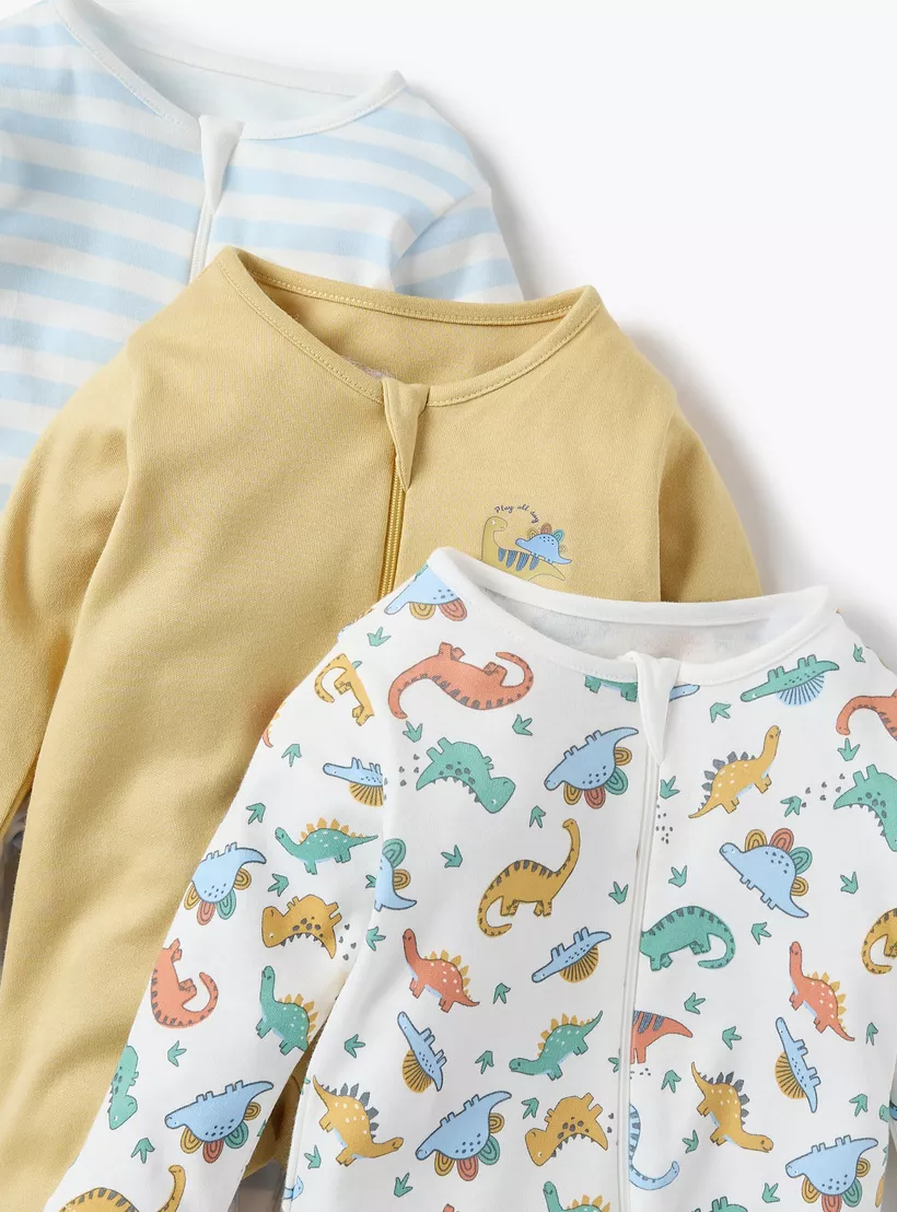 Juniors Dinosaur Print Sleepsuit with Round Neck and Zip Closure - Set of 3-4