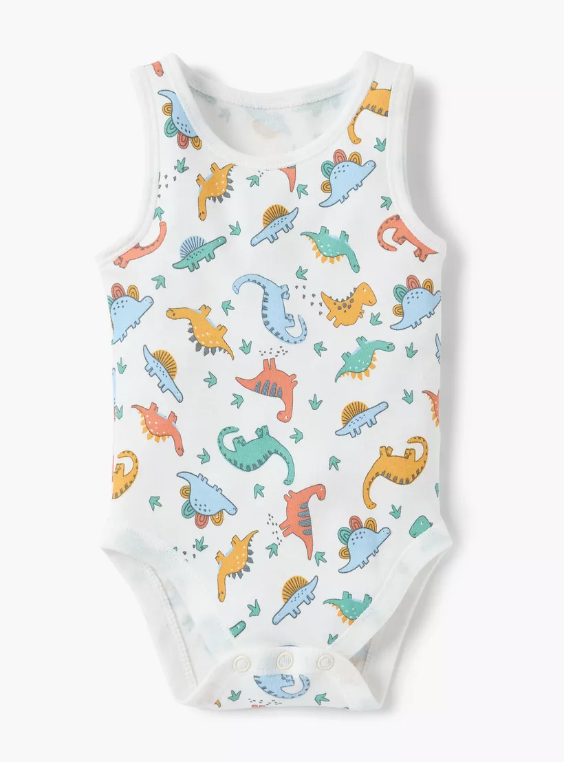 Juniors Dinosaur Print Sleeveless Bodysuit with Button Closure - Set of 5-2