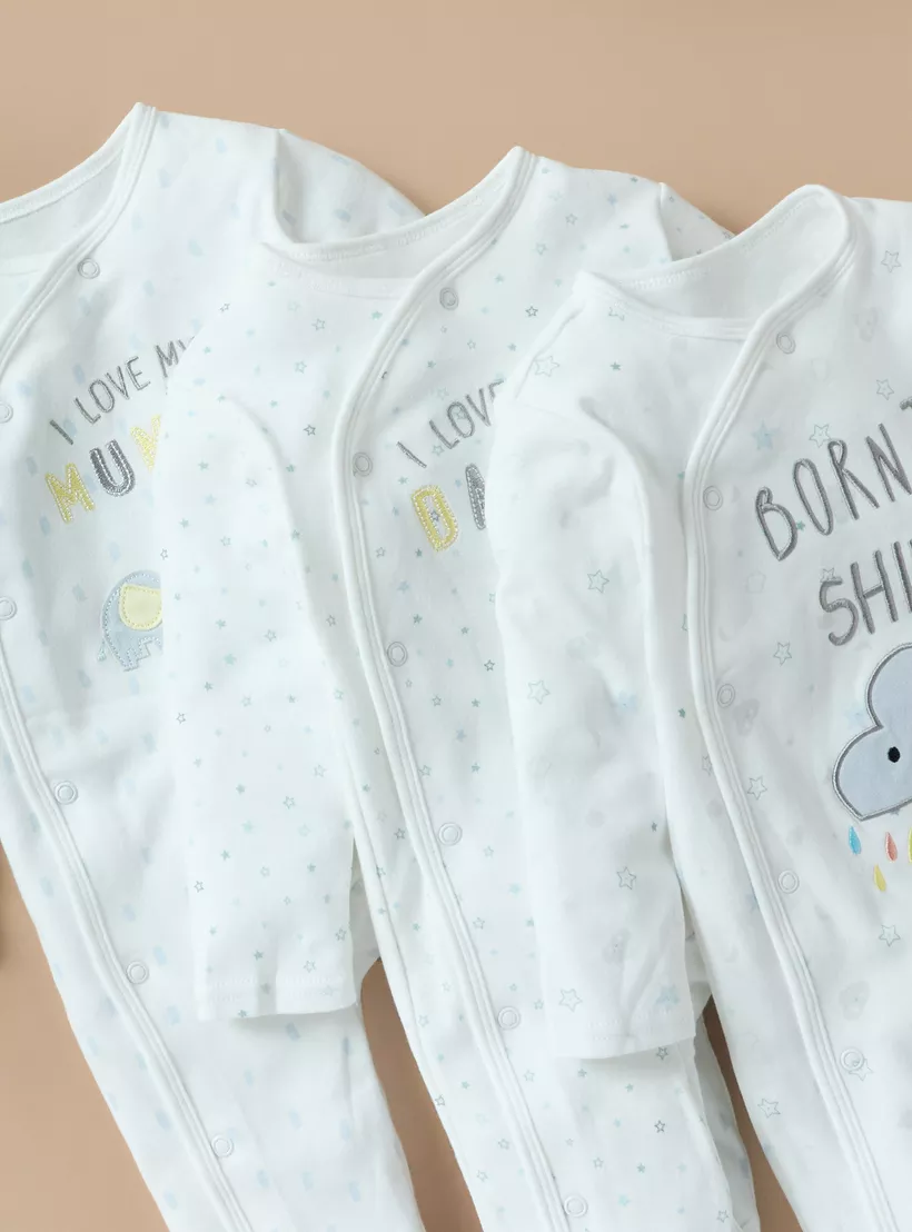 Juniors Embroidered Closed Feet Sleepsuit with Applique Detail - Set of 3-4