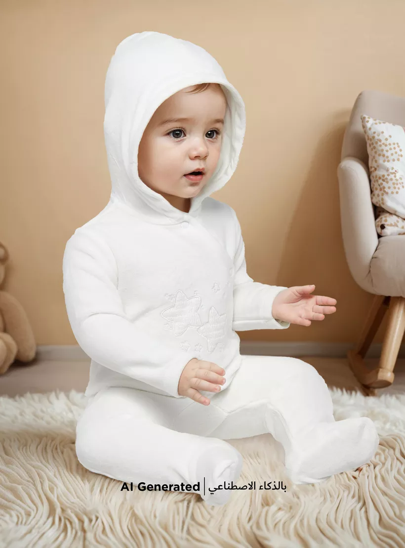 Juniors Embroidered Hooded Velour Sleepsuit with Snap Button Closure-4