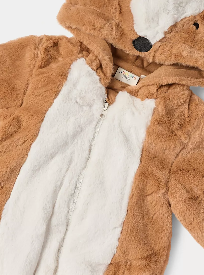 Juniors Faux Fur Coverall with Hood and Long Sleeves-3