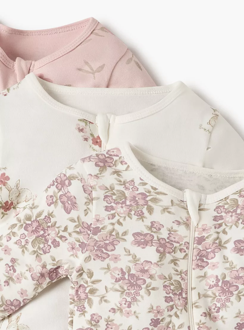 Juniors Floral Print Sleepsuit with Round Neck and Zip Closure - Set of 3-3