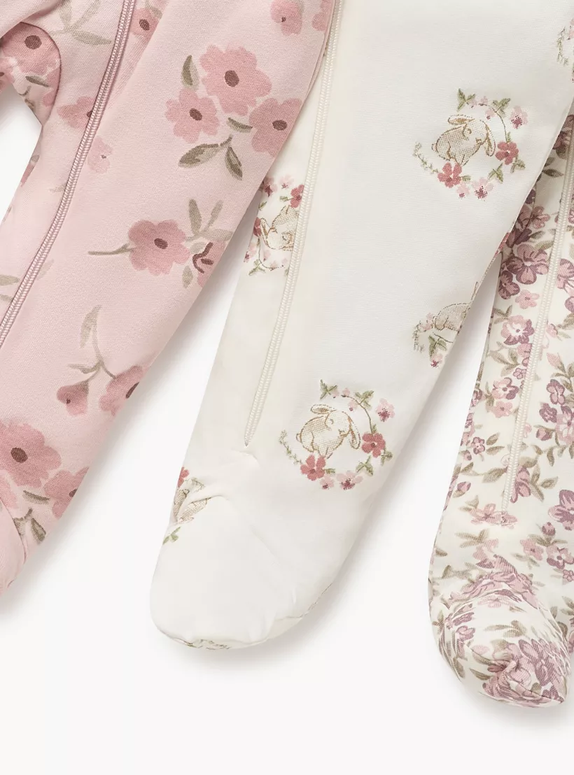 Juniors Floral Print Sleepsuit with Round Neck and Zip Closure - Set of 3-4