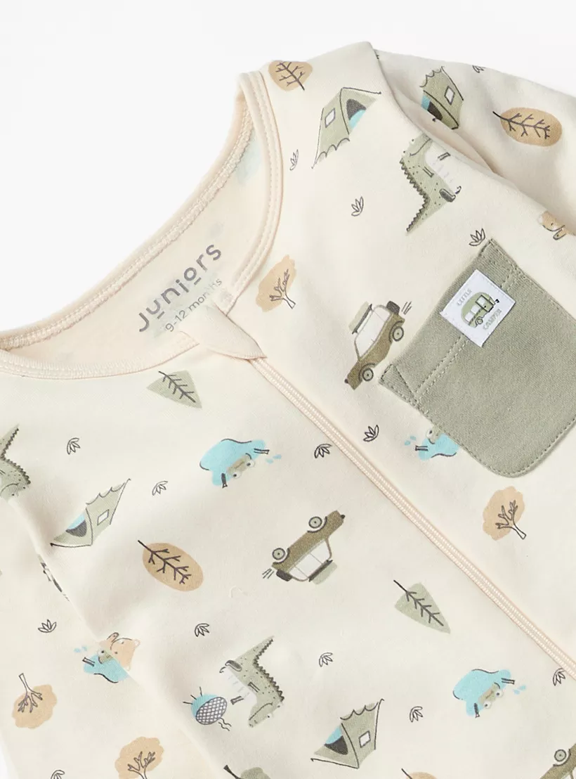 Juniors Graphic Print Closed Foot Sleepsuit with Long Sleeves and Zip Closure-2