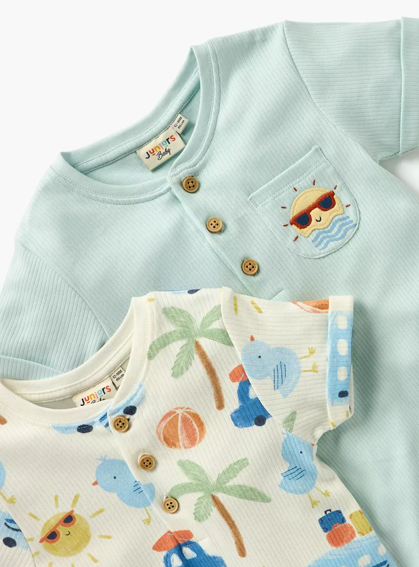 Juniors Printed Romper with Short Sleeves and Button Closure - Set of 2-4