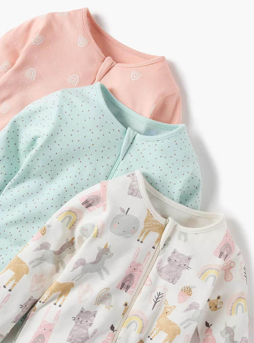 Juniors Printed Sleepsuit with Round Neck and Zip Closure - Set of 3-3