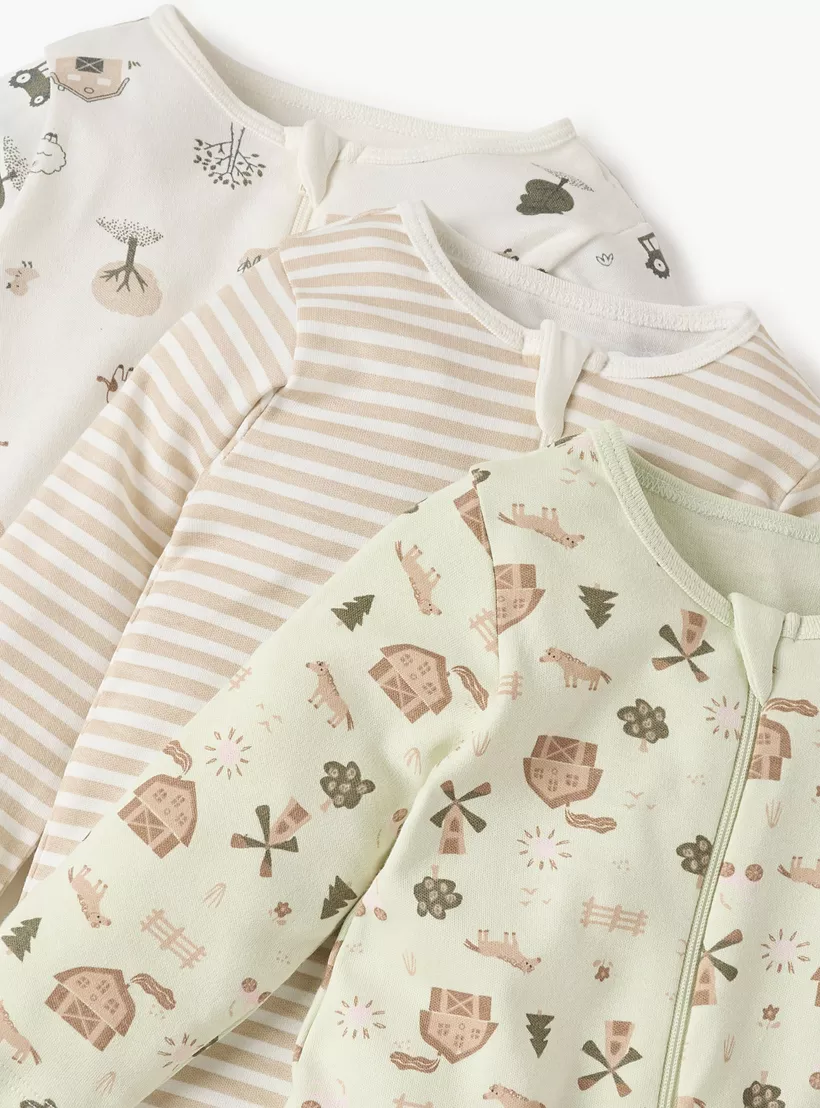 Juniors Printed Sleepsuit with Round Neck and Zip Closure - Set of 3-3