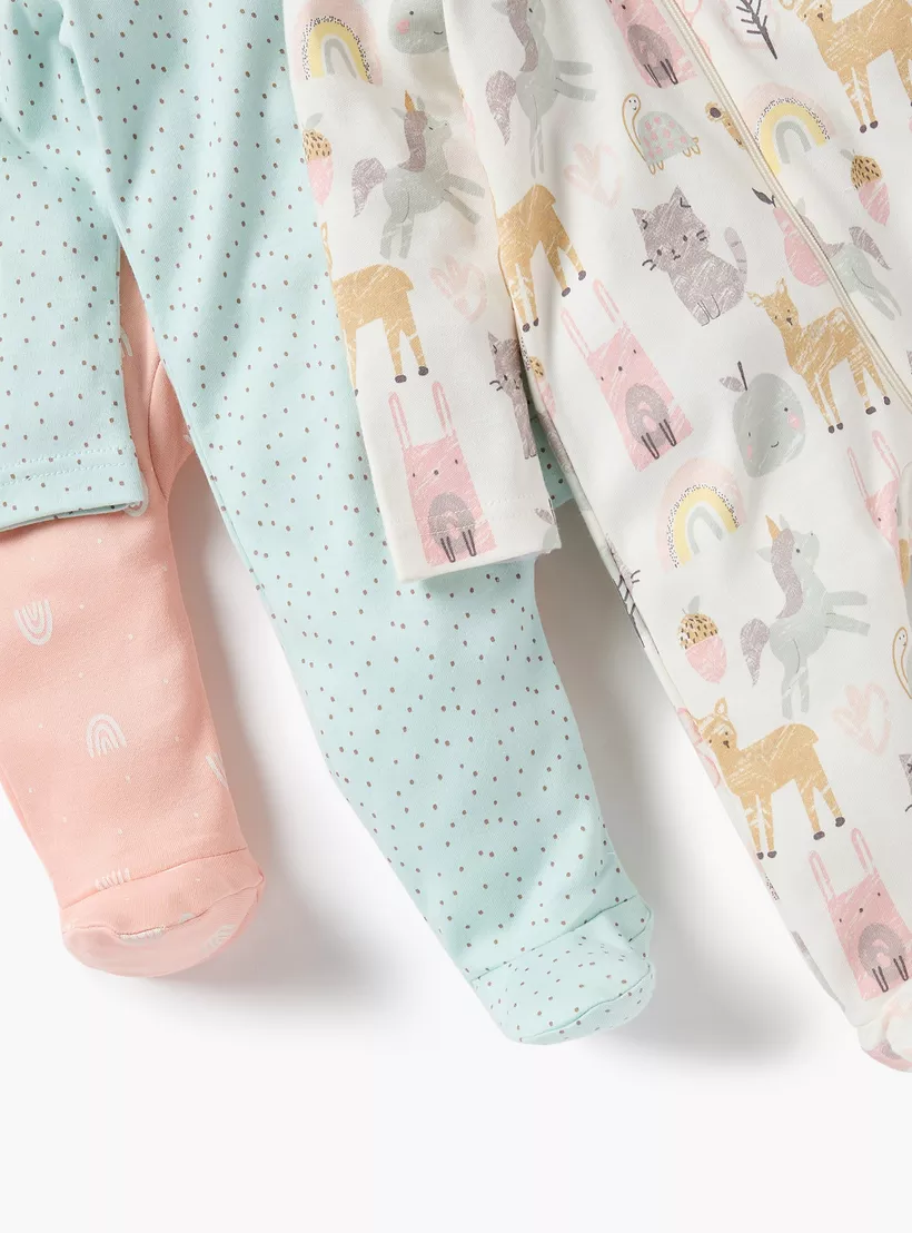Juniors Printed Sleepsuit with Round Neck and Zip Closure - Set of 3-4
