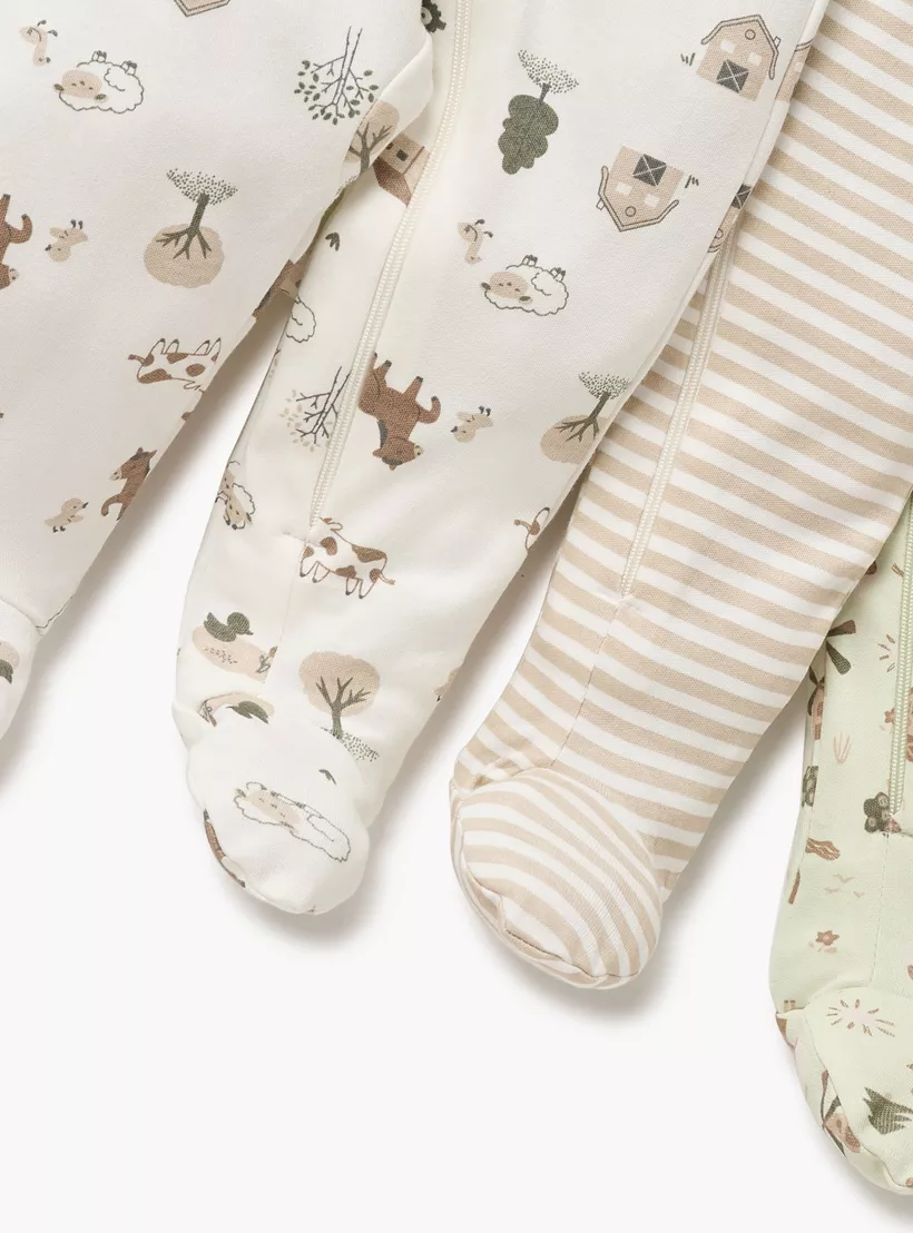 Juniors Printed Sleepsuit with Round Neck and Zip Closure - Set of 3-4