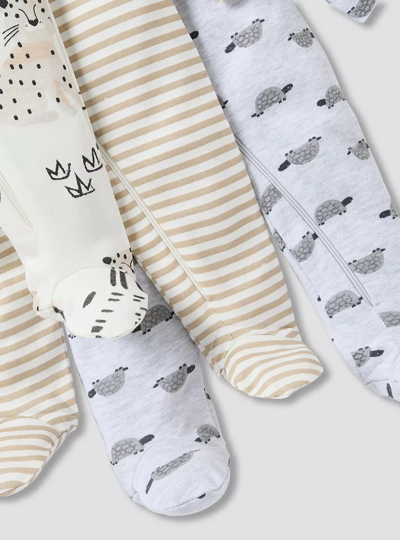 Juniors Printed Sleepsuit with Round Neck and Zip Closure - Set of 3-4