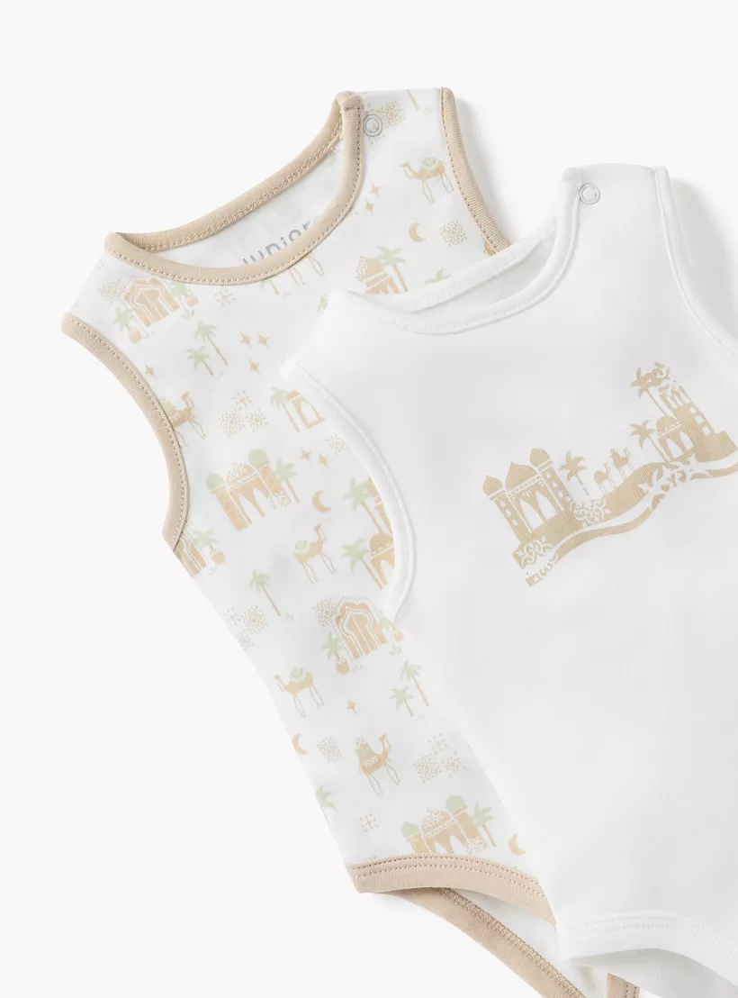 Juniors Printed Sleeveless Bodysuit with Button Closure - 2