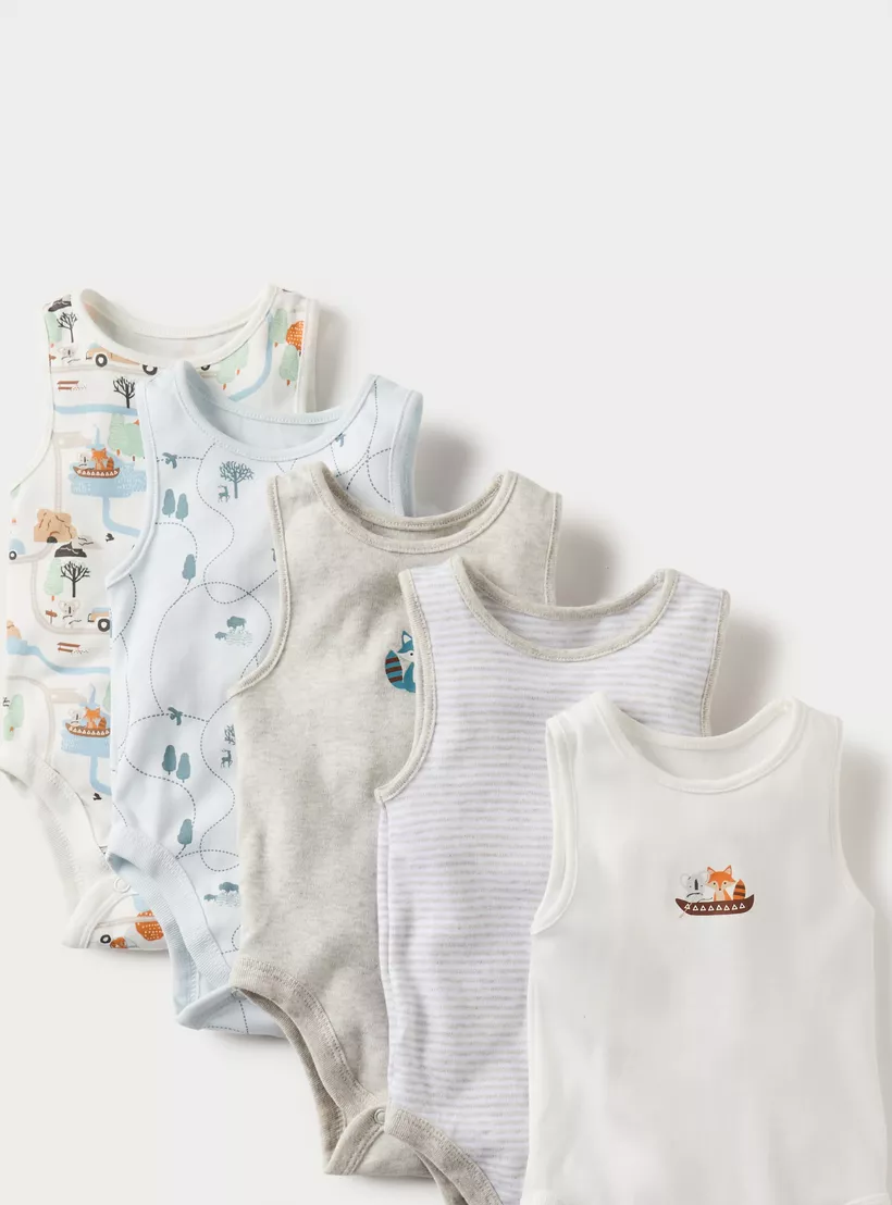 Juniors Printed Sleeveless Bodysuit with Button Closure - Set of 5-3