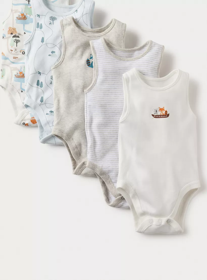 Juniors Printed Sleeveless Bodysuit with Button Closure - Set of 5-4
