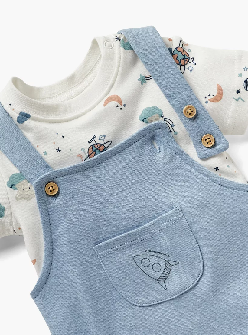 Juniors Space Print Dungaree and T-shirt Set-4