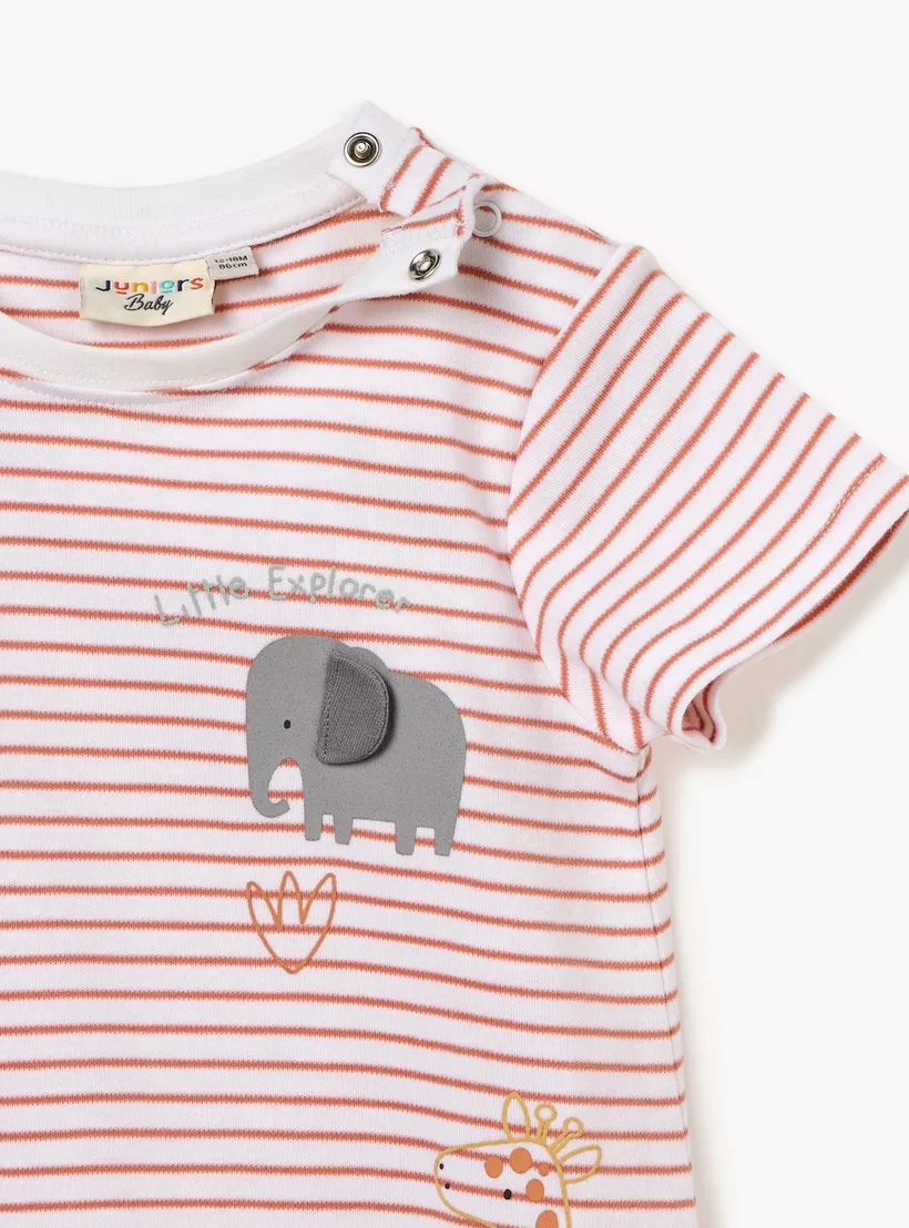 Juniors Striped Romper with Animal Applique and Short Sleeves-3