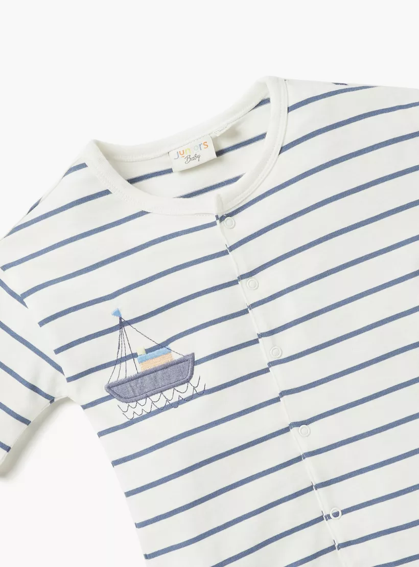 Juniors Striped Romper with Short Sleeves and Snap Button Closure-3