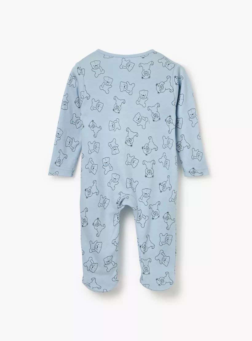 Juniors Teddy Bear Print Sleepsuit with Long Sleeves and Zip Closure-2