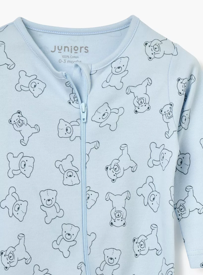 Juniors Teddy Bear Print Sleepsuit with Long Sleeves and Zip Closure-3