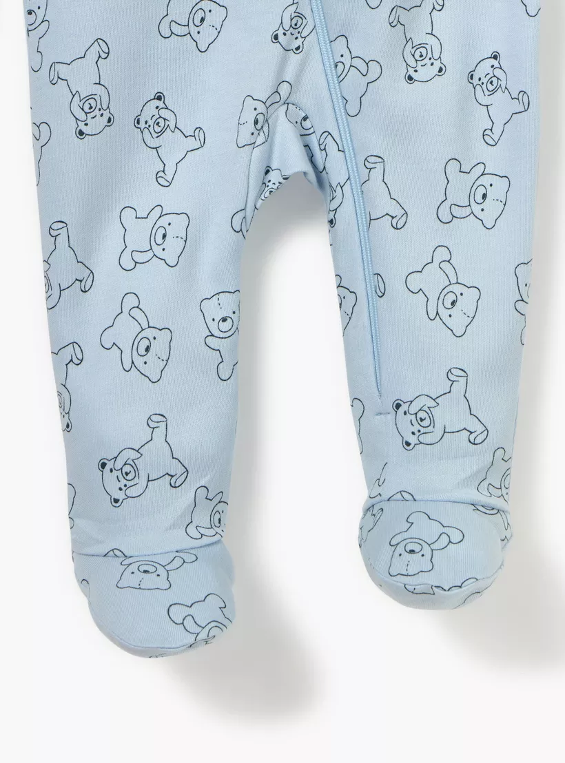 Juniors Teddy Bear Print Sleepsuit with Long Sleeves and Zip Closure-4